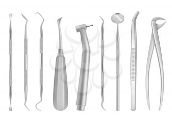 Dental clinic tools. Medical items for dentists oral inspection tooth vector realistic chrome instruments. Medical dental equipment, dentist mirror realistic for healthcare illustration