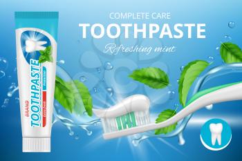 Toothpaste ads. Promotional advertizing poster of fresh healthy dental protection mint toothpaste vector illustration realistic. Whitening toothpaste for hygiene and care, tooth health, clean oral
