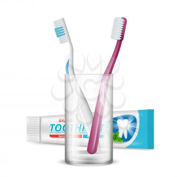Toothbrush in glass. Dental daily protection morning hygiene plastic tube package for toothpaste vector realistic isolation. Toothpaste healthcare and toothbrush in cup illustration