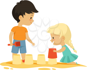 Boy girl in sandbox. Outdoor activity, isolated cartoon kids playing. Happy childhood, kindergarten vector illustration. Sandbox in kindergarten, play childhood outdoor