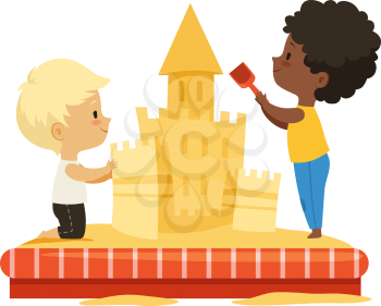 Boys building sand castle. Children play together, multicultural friendship concept. Isolated cartoon kids vector illustration. Children in sand pit, cute activity outdoor