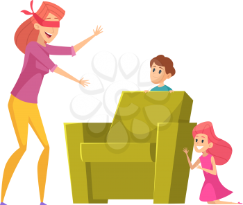 Mother playing with kids. Happy family time, peekaboo game. Mom finding children vector illustration. Mother play with kid, happy parenthood playing