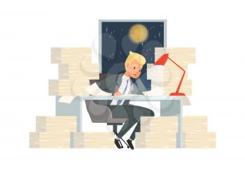 Work at night. Man working with papers, solving complex problems. Manager and deadline, young businessman comes up with startup vector concept. Office person tired, employee businessman illustration
