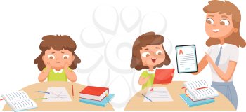 Girl studying. Self education, teacher helps student. Individual training, problems with learning material vector illustration. Teacher and girl, study homework, education school