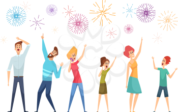 People watching salute. Festive firework and happy crowd adults and kids. Isolated cartoon woman man and pyrotechnic show vector illustration. Firework holiday, festival celebration colored