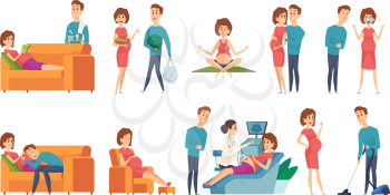 Pregnant woman. Family couple waiting baby. Husband wife daily activities vector illustration. Family pregnant couple, pregnancy period