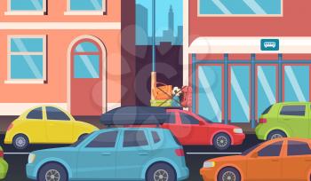 Traffic jam in downtown. Morning road problems, cars on city street. People driving to office vector illustration. Road downtown transportation, city transport highway