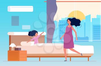 Waking up little girl. Mother and daughter in morning room. Say hello new day, happy family time. Child in bed vector illustration. Parent wake up daughter, bedroom morning