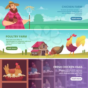 Chicken farm banners. Farmer breeding eco domestic birds fresh eggs roosters and hens vector design template. Chicken farm, rooster animal and hen on countryside illustration