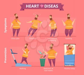Heart attack. Patient with heart problems obesity systems disease and prevention vector infographic illustration. Medical problem, pain and illness, risk cardiology