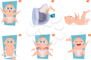 Changing diapers steps. Healthcare medical announce pictures to parents baby care vector illustration. Change process diaper, small and young baby