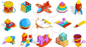 Toys isometric. Colored kindergarten objects for kids plastic preschool toys sets box blocks drum cars vector cute collection. Xylophone and pyramid, preschool education playful illustration