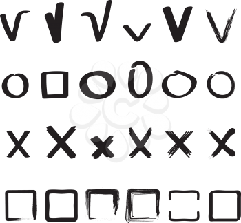 Check signs. Ticks and crosses circles and square hand drawn sketches shapes vector check marks collection. Check tick, mark cross, checkmark right illustration