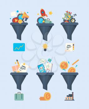 Funnel sales. Money generation symbol business marketing concept illustration of commerce icons filter funnel vector flat pictures. Marketing money funnel, conversion generation customer illustration