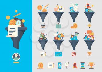 Funnel generation sales. Business generative models consumer identified commerce products vector symbols of funnel. Conversion marketing generation, customer and lead illustration