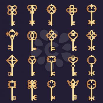 Metal keys collection. Steel keys collection silhouettes symbols of safety vector logos. Illustration golden key to safety door, protection secure