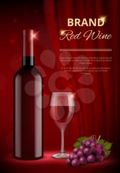 Wine ads. Alcohol promo advertizing placard with red bottles and liquid wine splashes with drops vector realistic template. Red drink alcohol, wine bottle beverage poster illustration