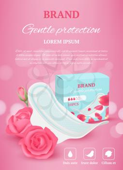 Ladies tampon ads. Woman hygiene products advertizing placard soft fresh pads or tampon for daily comforting sanitary activities vector realistic. Cotton absorbent menstruation period illustration