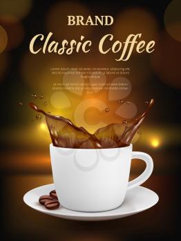 Coffee advertising. Cup with hot drinks and beverage package promotion placard of coffee vector template. Banner cup of coffee, drink advertising to breakfast