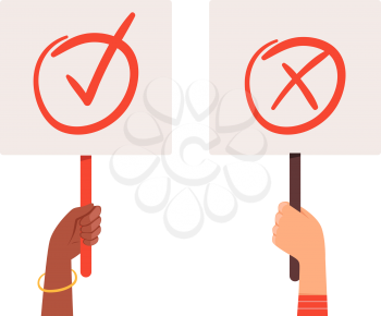 Yes no banners. Hands holding choice checkmark plates. Positive or negative posters vector illustration. Select check yes and no, positive mark correct