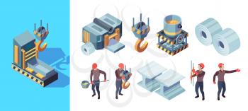 Metallurgy factory. Iron manufacturing heavy steel foundry production vector isometric illustration. Metallurgical technology process, production equipment
