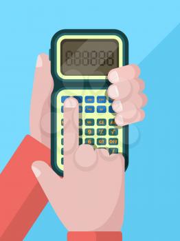 Calculator hand. Businessman holding and using calculator with numbers. Vector flat illustration. Calculation and accounting, accountant calculate
