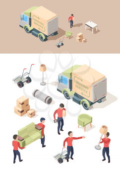 Loading furniture. Transporting vehicle move out furniture in new house lifting boxes vector people working isometric. Illustration relocation service, deliver van load