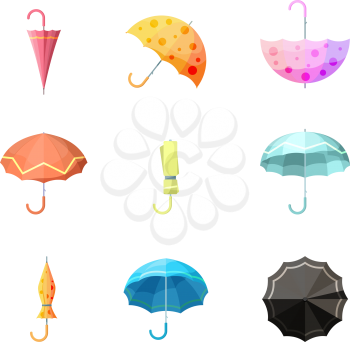 Umbrellas icon. Items protection from autumn rain different views of umbrella vector collection. Protection umbrella, weather parasol with handle illustration
