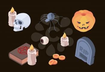 Halloween collection. Horror scary symbols skull bones cemetery tomb ghosts vector isometric set items for autumn celebration. Halloween scary tombstone, colorful elements illustration