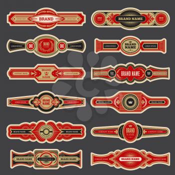 Cigar labels. Colorful vintage banded badges for cigar branding vector set. Cigar smoking different logotype, closeup label collection illustration