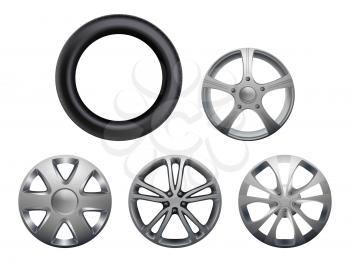 Car rims. Realistic wheels vehicle tyres collection vector closeup pictures set isolated. Rubber and rim for wheel transportation or repair car