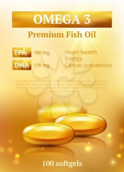 Beauty ads background. Golden oil capsule premium design template with molecules vitamin e or collagen vector realistic. Illustration oil golden, health capsule for skin