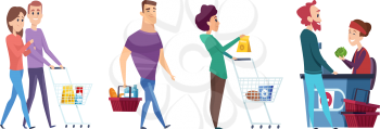 Supermarket queue. Grocery store waiting line, customers with carts and shop cashier vector illustration. Customer with full basket stand to payment at counter