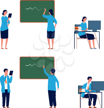 Teacher activities. Male female professors, flat college or school lectors. Persons writing on chalkboard, working with computer vector illustration. Teacher education at school or university