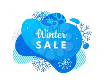 Winter sale banner. Abstract blue shape, snowflakes and snowfall. Discount or special prices vector background. Christmas holiday sale banner illustration