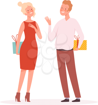 Couple with gifts. Surprise, man woman holding presents boxes. Christmas New Year or Valentine day festive, holiday time vector illustration. Couple with gifts, woman and man with surprise box