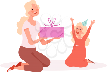 Happy girl. Woman giving gift to daughter, birthday party. Family festive, cute cartoon mother and little child vector illustration. Woman gift to daughter, birthday holiday childhood