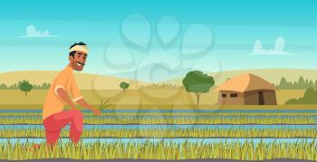 Indian agriculture working. Farmer harvesting in field asia vector background in cartoon style. Farm agriculture, worker indian farming illustration