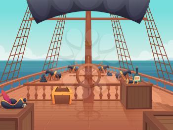 Wooden pirate ship. Captain bridge with steering wheel vintage shipping board vector cartoon illustration. Sail boat wooden, navigation transportation, wood decks ship
