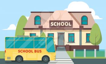 Yellow bus near school. Education concept background with daily transport for kids building vector cartoon. Building school and arrive yellow bus illustration
