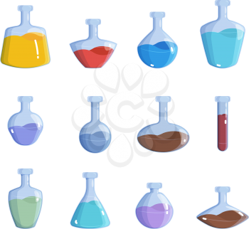 Magic bottles. Alchemy potion elemental magic 2d game items vector colored illustration. Elixir bottle, chemical drink flask collection