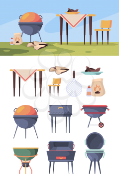 Bbq stand. Picnic grill steak in summer outdoor party kitchen items for food vector bbq yard. Barbecue picnic, bbq grill steak, grilling and cooking illustration
