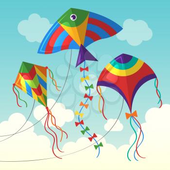 Kite in cloud. Flying outdoor air kite vector funny toys for kids vector background in cartoon style. Kite in air sky, illustration wind freedom game