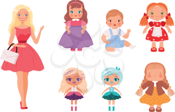 Dolls for kids. Funny children toys male and female cute models for playing vector illustrations. Doll collection female girl for young children