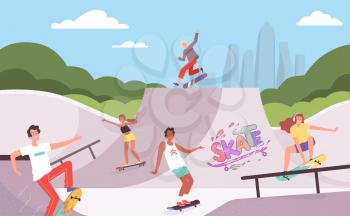 Extreme park. Outdoor activities of skateboarders riders in action poses jump ramp teenagers hipsters vector background. Activity extreme rider, fun skate sport illustration