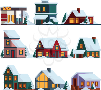 Snow cap house. Winter christmas architecture modern buildings in snowfall vector cottage illustrations. Illustration building winter, house architecture in snow