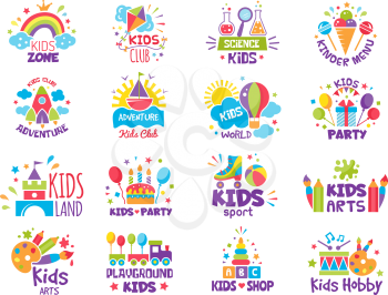 Kids zone badges. Logos for creative place for childrens playgrounds or toys shop vector symbols. Illustration zone playground and kidzone, cartoon childish area badge