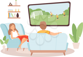 Couple spend time together. Woman man watch TV, football fans. Family in living room, stay at home vector illustration. Man and woman comfortable watch tv