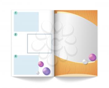 Magazine mock up template. Empty book with areas for advertising or information, realistic journal vector illustration. Brochure and magazine, empty mock up copybook