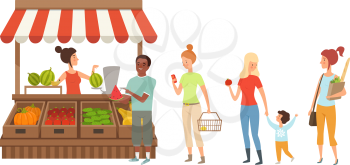 People queue to street counter. Kiosk with fresh fruits and vegetables, harvest season vector illustration. Shop street queue, man and woman